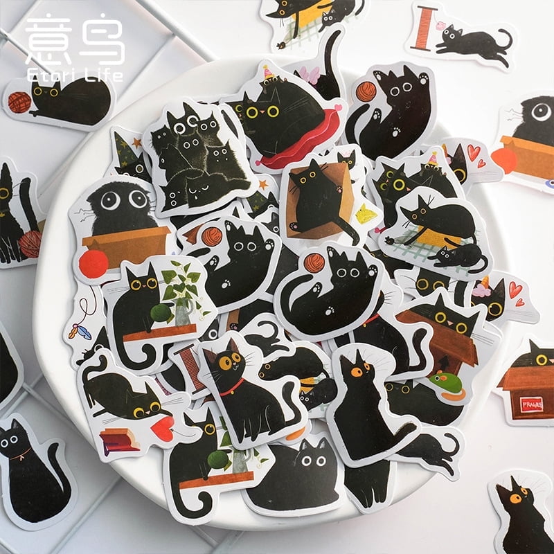46sheets Cute Black Cat Expression Cartoon Stickers Kawaii Scrapbook ...
