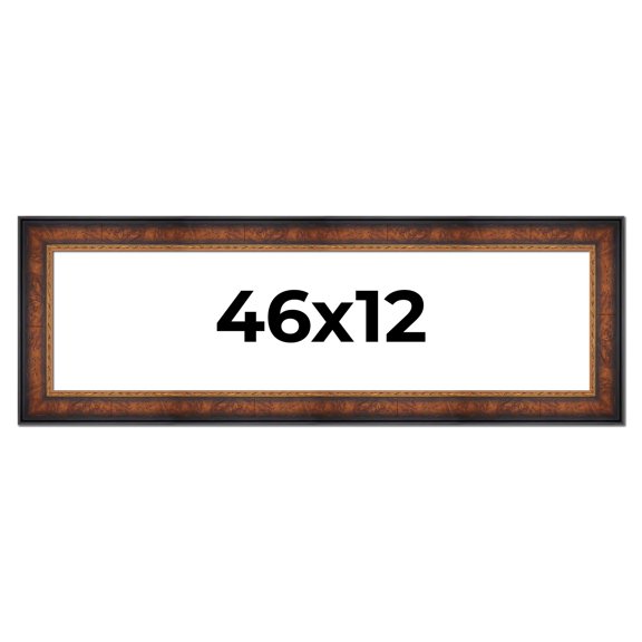46x12 Frame Brown Walnut Gold Ornate Trim Solid Wood Plein Air Picture Frame | 3 Inch Moulding