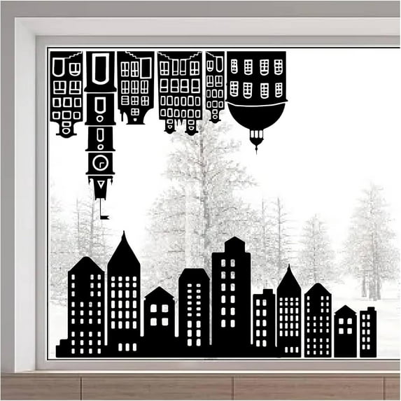 46x15/116x38cm Black City Window Clings Double Sided Skyline Glass Sticker Building Silhouettes Window Decals Non Adhesive Static Vinyl Film Home Decor for Glass Sliding Door