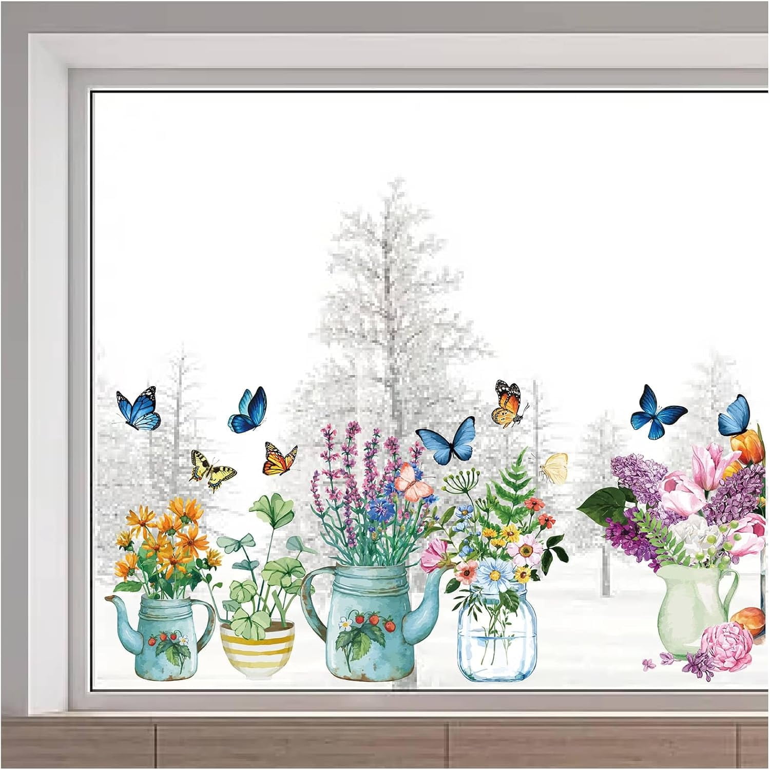 Window Stickers For Spring 46x15/116x38cm Flowers Window Clings Double Sided Floral in Jars Glass ...
