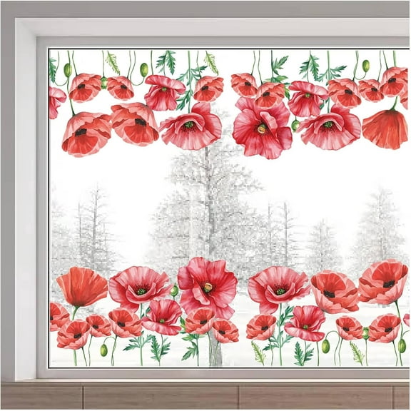 46x15"/116x38cm Large Poppy Floral Window Clings Double Sided Nature Flowers Window Decals Spring Window Stickers Non Adhesive Static Vinyl Film for Glass Sliding Door Prevent Bird Strikes