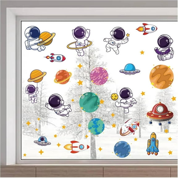 46x15/116x38cm Outer Space Wall Decals Rocket Wall Stickers Double Sided Planet Window Clings Star Astronaut Window Stickers Non Adhesive Static Vinyl Film for Glass Sliding Door