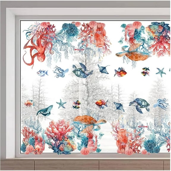 46x15/116x38cm Sea Animals Window Clings Double Sided Ocean Glass Sticker Turtle Window Decals Fish Starfish Octopus Coral Shells Non Adhesive Static Vinyl Film for Glass Sliding Door Colorful DIY