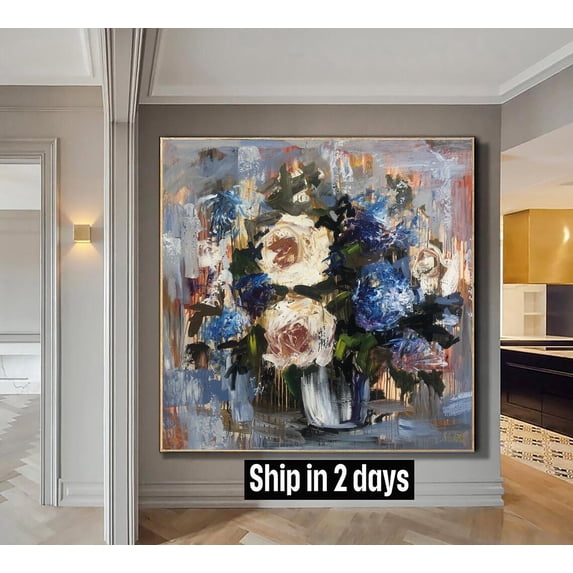 46x46" Large Abstract Flowers Bouquet Paintings On Canvas Original Acrylic Fine Art Modern Painting Contemporary Wall Art