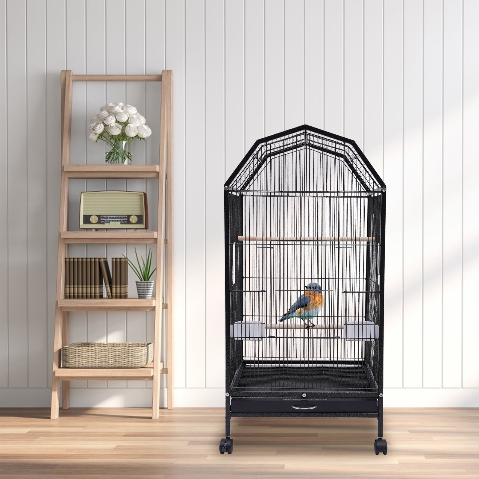 46x46x101.5cm Black Iron Parrot Cage with Wheels Bird Aviary for Cockatiel, Conure, Parakeet, Lovebird & Finch