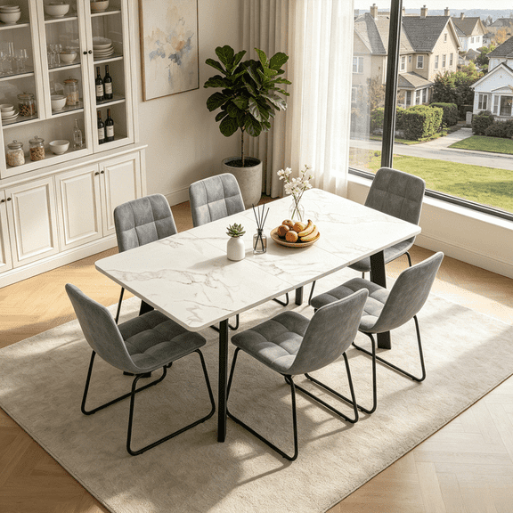 47.1"-63.1" Extendable Dining Table Set ,Faux Marble MDF Kitchen Table with 6 PU Leather Dining Chairs