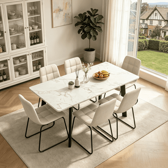 47.1"-63.1" Extendable Dining Table Set ,Faux Marble MDF Kitchen Table with 6 PU Leather Dining Chairs