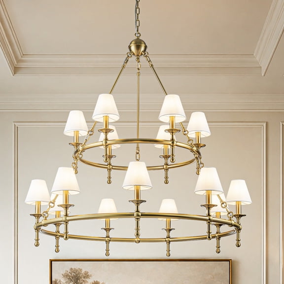 47 15-Light 2-Tier Vintage Brass Chandelier with White Fabric Shades  Extra Large Pendant Ceiling Light for High Ceilings, Dining Room, Foyer, Living Room