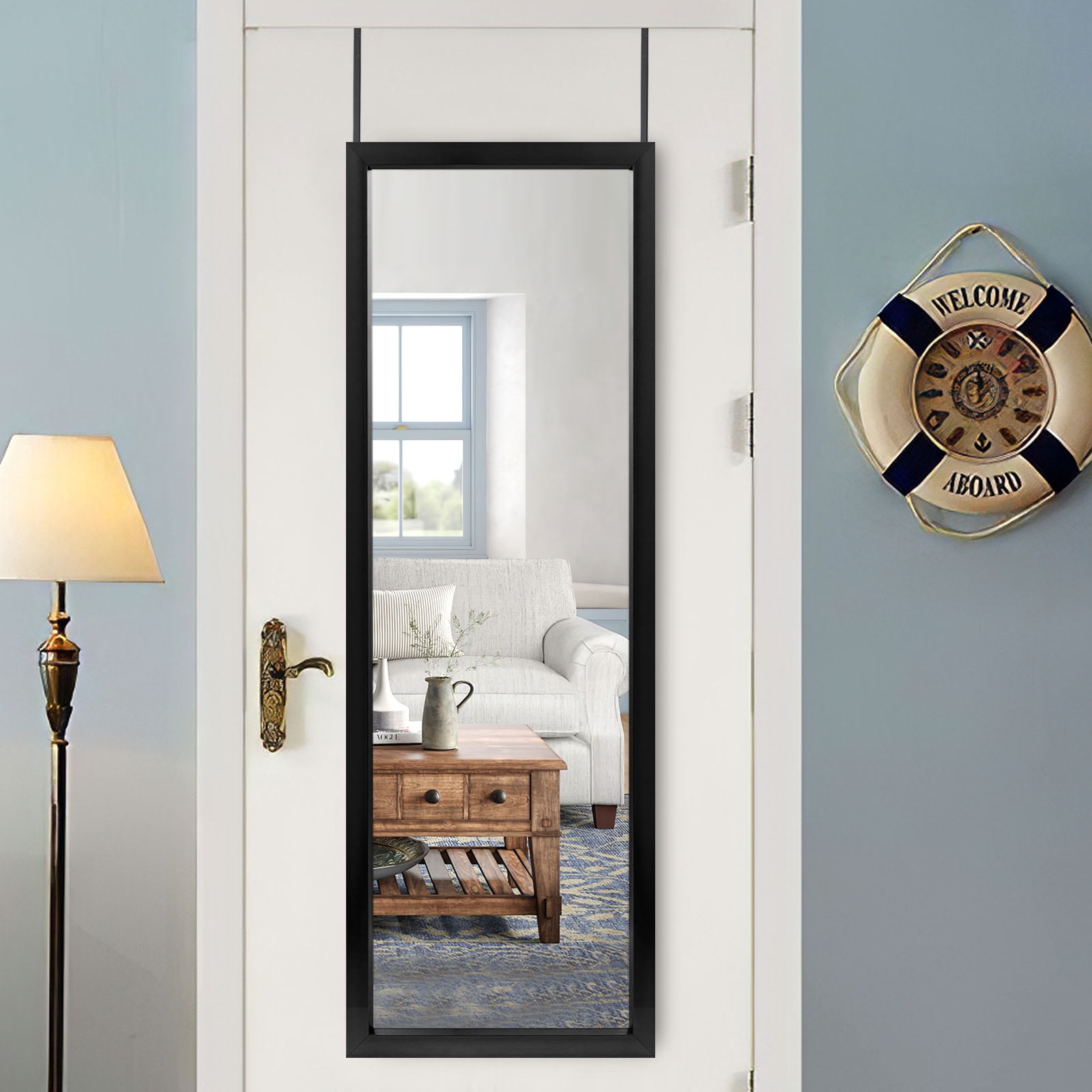 47"*16" Full Length Over The Door Mirror Hanging Mirror for Bedroom Dorm Room Black