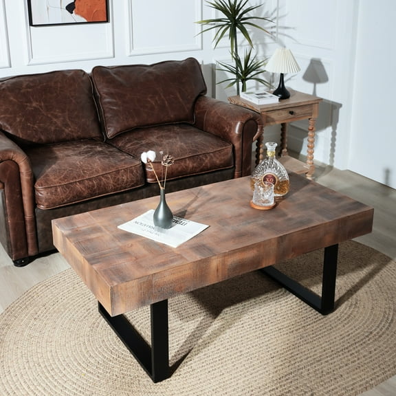 47.2*23.5x18" Rustic Industrial Chess Table, Handcrafted Wood Parquet Surface, Metal Legs, Strategic Play Living Room Comfortable Space