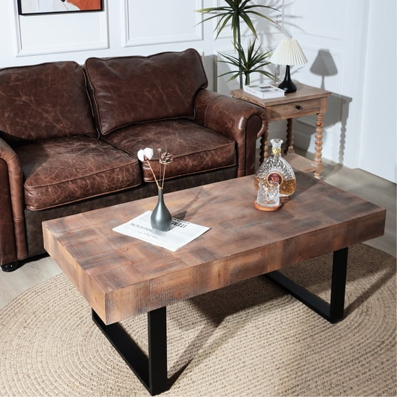 47.2*23.5x18" Rustic Industrial Coffee Work Table, Handcrafted Wood Parquet Surface, Metal Legs, Functional Workplace Bistro Casual Dining