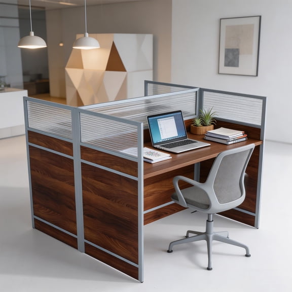 47.2" 4-Person Office Cubicle Workstation,with Privacy Panels, Built-in Power Outlets & Cable Management, Modular Desk for Open Office, Call Center, Home Office (Walnut)