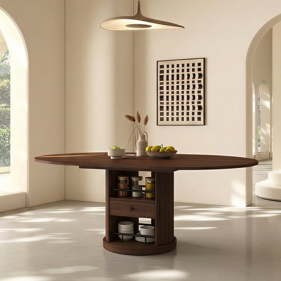 47.2"-59" Extendable Oval Dining Table for 4-6, Walnut Modern Kitchen Table with Storage & Fluted Pedestal Base, Space-Saving Round-to-Oval Dining Room Table for Kitchen Living Room, Walnut