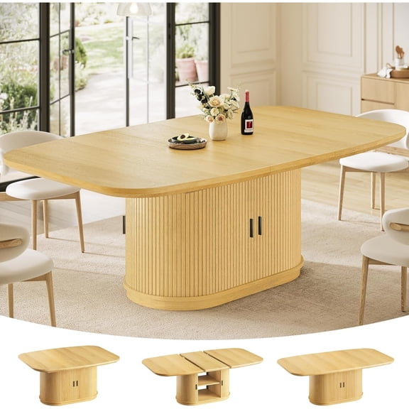 47.2"-63" Extendable Dining Table with Storage Cabinet, Fluted Wood Kitchen Table Seats 4-8, Modern Farmhouse Expandable Dining Room Table for Small Space, Apartment, Home Dining, Oak