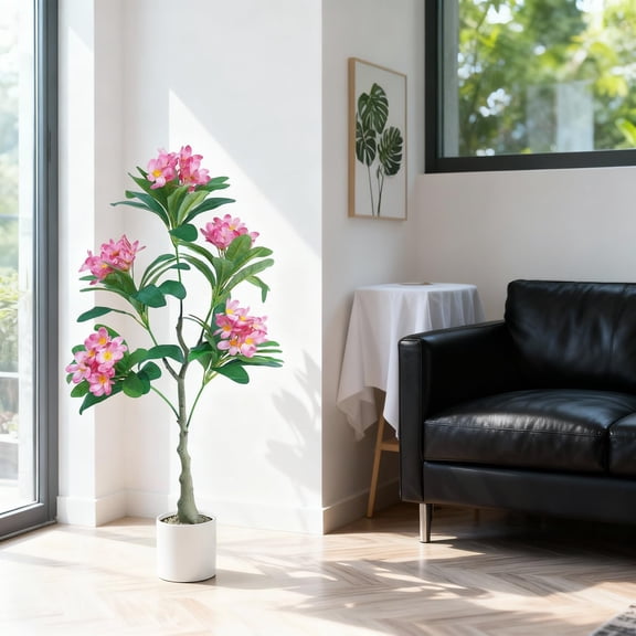 47.2" Artificial Plumeria Tree, Silk Blooms & Lush Foliage in White Pot Home, Office or Entryway Decor