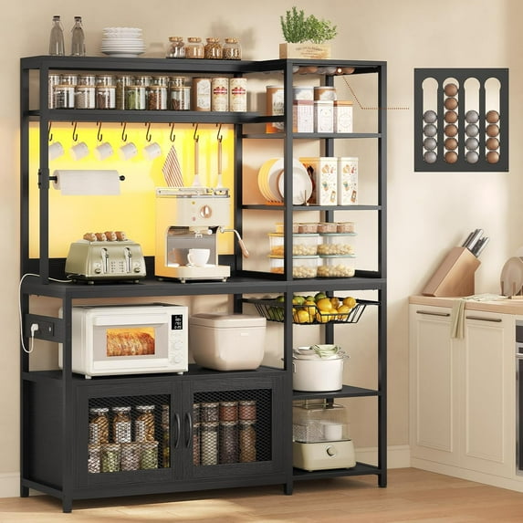 47.2 in Bakers Rack with Power Outlet & LED Light, Coffee Bar with Coffee Pod Holder for Vetuo, Kitchen Microwave Stand with Storage Shelves, Paper Holder, Cabinet, Wire Basket, 8 Hooks (Black)