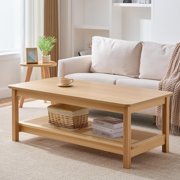 47.2'' Boho Coffee Table with Solid Wood Legs & PE Rattan Shelf, 2-Tier Mid Century Modern Center Table Rustic Rectangle Wood Coffee Table for Living Room, Natural