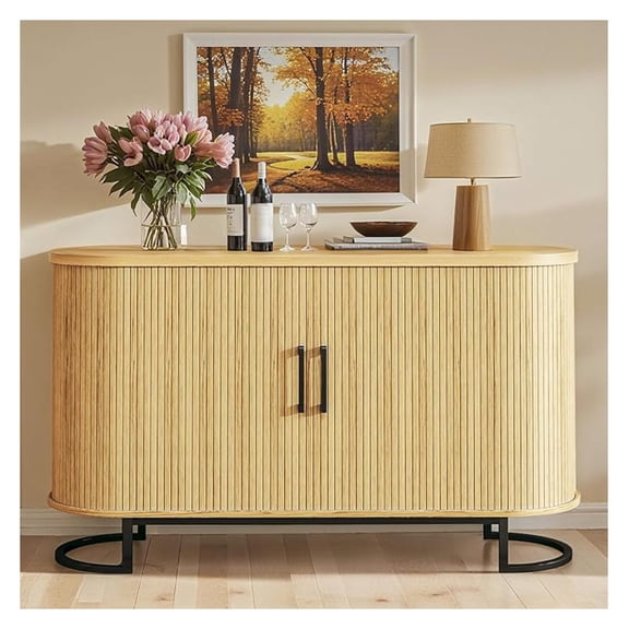 47.2" Buffet Cabinet with Storage, Fluted Sideboard Cabinet with Tambour Door & Adjustable Shelf, Modern Storage Cabinets for Kitchen, Living Room, Entryway, Oak