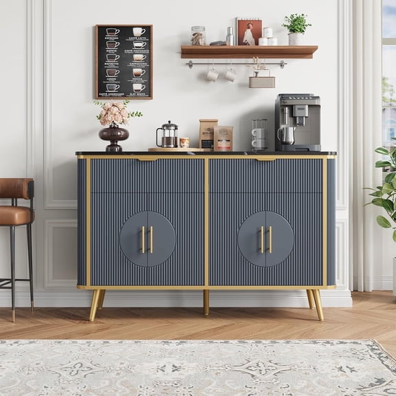 47.2" Buffet Storage Cabinet, Modern Fluted Coffee Bar Station with 2 Drawers & Adjustable Shelves, Kitchen Sideboard Buffet for Dining Room, Living Room, Hallway, Navy Blue