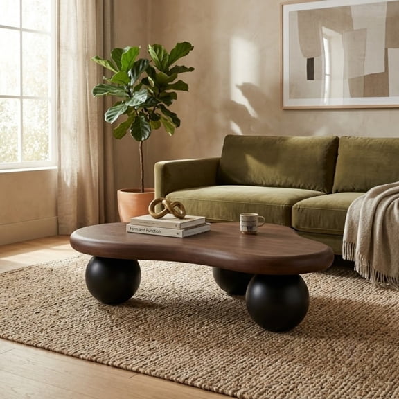 47.2" Cloud Coffee Table for Living Room, Irregular Coffee Table Modern Low Coffee Tables Abstract Faux Stone Cute Center Table with 3 Ball Legs for Small Space Apartment