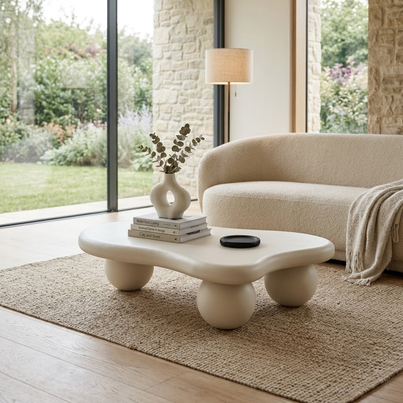 47.2" Cloud Coffee Table for Living Room, Irregular Coffee Table Modern Low Coffee Tables Abstract Faux Stone Cute Center Table with 3 Ball Legs for Small Space Apartment