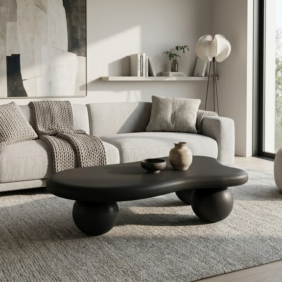 47.2" Cloud Coffee Table for Living Room, Irregular Coffee Table Modern Low Coffee Tables Abstract Faux Stone Cute Center Table with 3 Ball Legs for Small Space Apartment