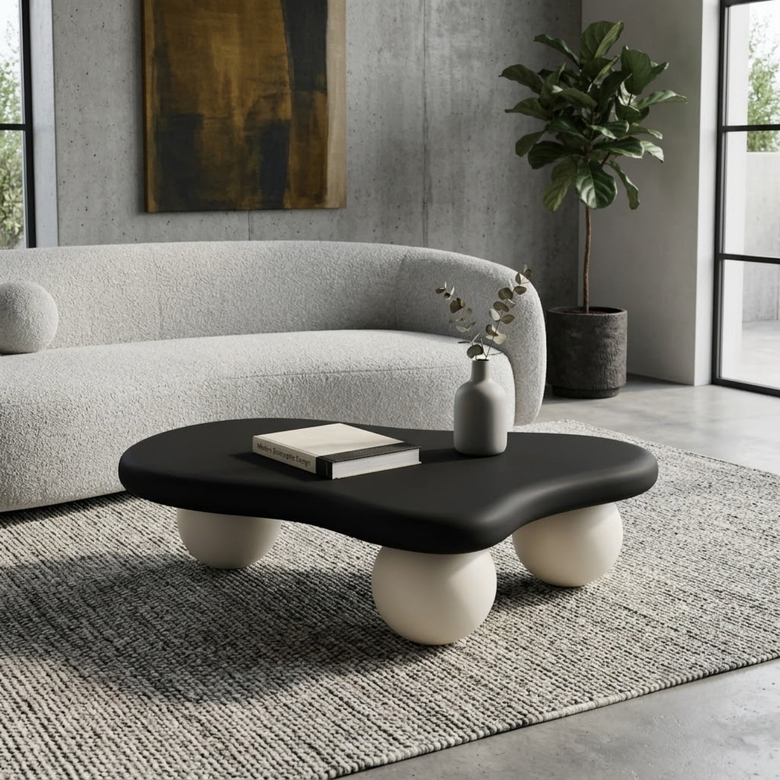 47.2" Cloud Coffee Table for Living Room, Irregular Coffee Table Modern Low Coffee Tables Abstract Faux Stone Cute Center Table with 3 Ball Legs for Small Space Apartment