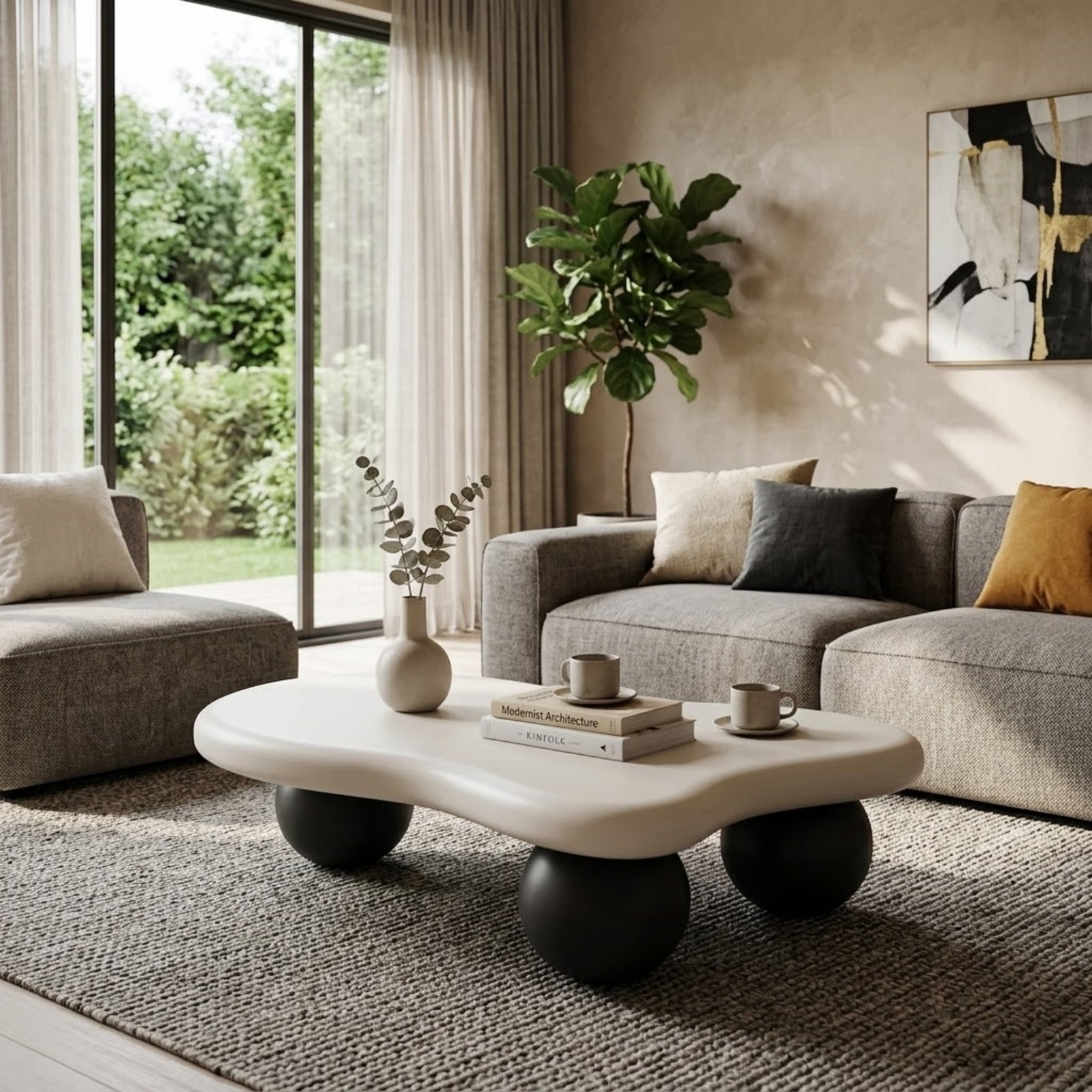 47.2" Cloud Coffee Table for Living Room, Irregular Coffee Table Modern Low Coffee Tables Abstract Faux Stone Cute Center Table with 3 Ball Legs for Small Space Apartment