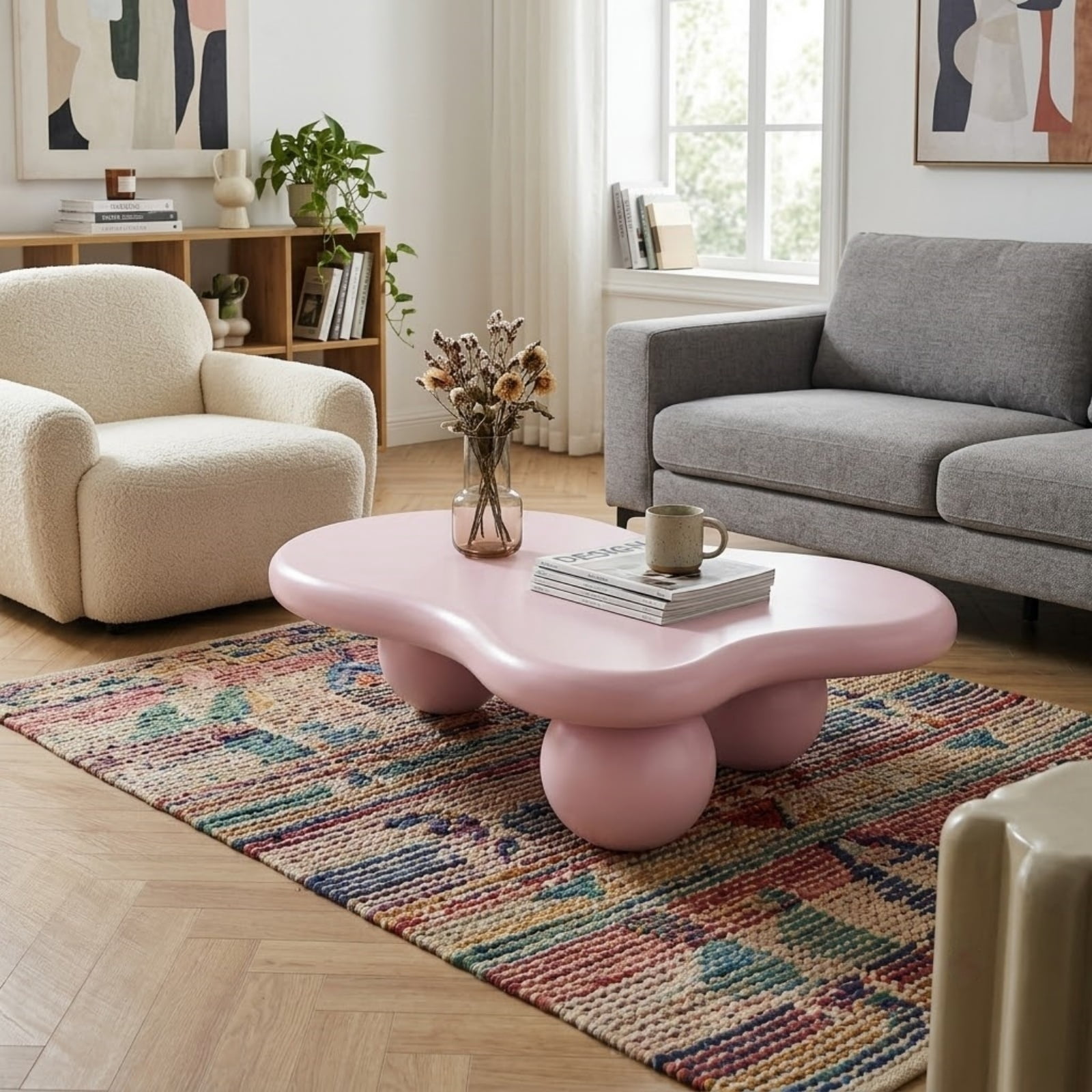 47.2" Cloud Coffee Table for Living Room, Irregular Coffee Table Modern Low Coffee Tables Abstract Faux Stone Cute Center Table with 3 Ball Legs for Small Space Apartment