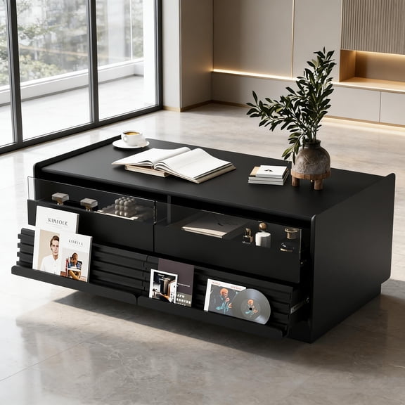 47.2"  Coffee Table with 4 Drawers and 2 Display Shelves, Fluted Design with Tempered Glass Top, Modern Storage Table for Living Room