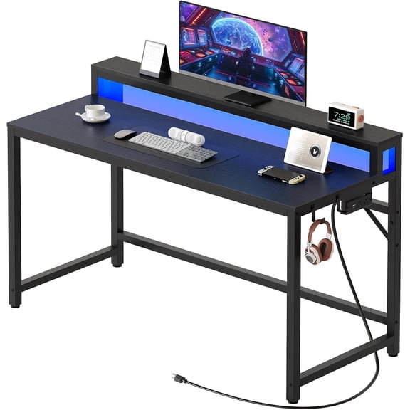 47.2" Computer Desk with Charging Station and LED Lights, Gaming Desk with Monitor Stand, 2-Tier Home Office Desk with 4 Side Hooks, for Living Room, Home Office