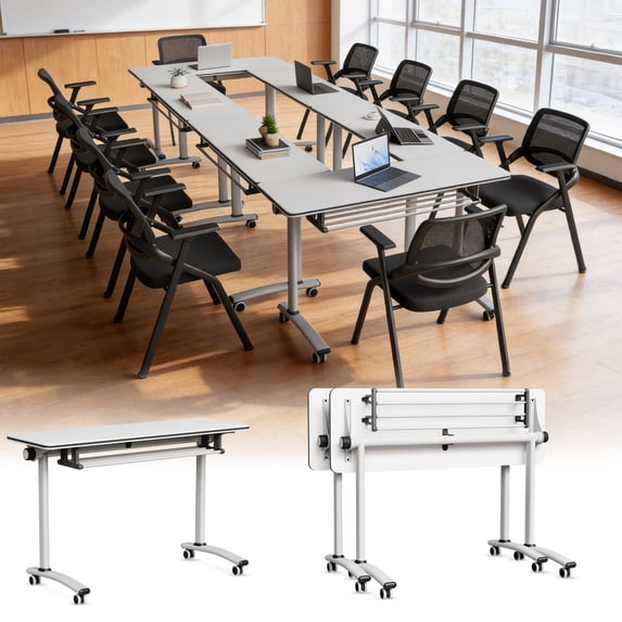 47.2" Conference Table, 2 Pack Foldable Flip Top Modular Table with Silent Lockable Wheels, Space-Saving Mobile Training Desk for Office, Classroom & Meeting Spaces, White2