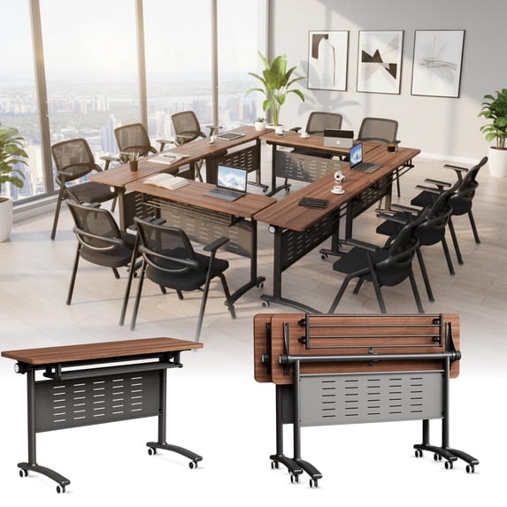 47.2" Conference Table, 2 Pack Foldable Flip Top Modular Table with Silent Lockable Wheels, Space-Saving Mobile Training Desk for Office, Classroom & Meeting Spaces, Walnut