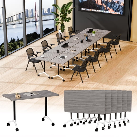 47.2" Conference Table, 6 Pack Foldable Flip Top Modular Table with Silent Lockable Wheels, Space-Saving Mobile Training Desk for Office, Classroom & Meeting Spaces, Gray