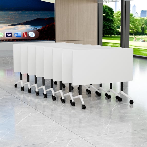 47.2" Conference Table, 8 Pack Foldable Flip Top Modular Table with Silent Lockable Wheels, Space-Saving Mobile Training Desk for Office, Classroom & Meeting Spaces, White