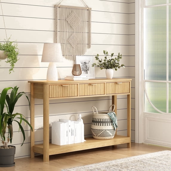 47" Fluted Console Table with 3 Storage Drawers, Narrow Entryway Table, Wood Sofa Couch Table for Living Room Entrance