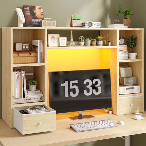 47.2" Desktop Bookshelf, 6 Shelves & 2 Drawers, LED Lights, Natural | Up to 27" -monitor, Adjustable Desktop Shelf, 12mm MDF with Scratch-resistant, Desk Hutch for Dorm & Office