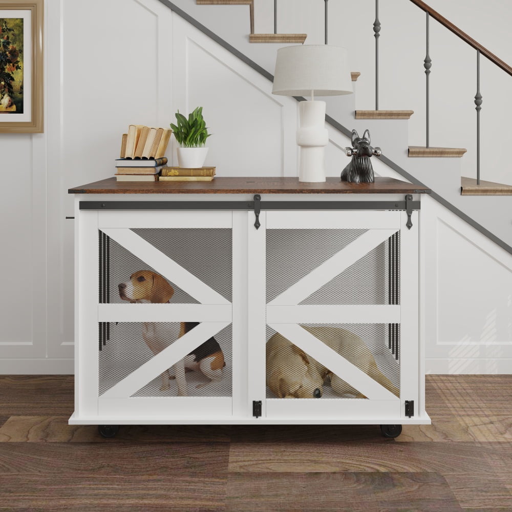 47.2" Double Dog Crate Furniture Mobile Pet Kennel Flip-Top Feeding Door 5 Casters with 2 Locking Wheels Side Hooks