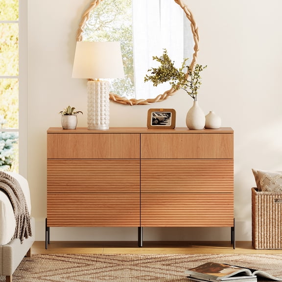 47.2" Double Dresser, Minimalist 6 Drawer Rectangular Dresser With Reeded Details And Double-Stick Leg Design
