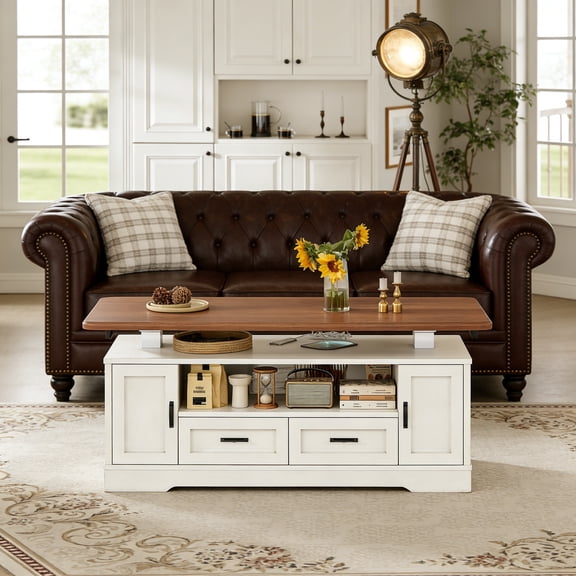 47.2" Electric Standing Coffee Table with Storage, Farmhouse Lift Top Coffee Table with Drawers and Open Shelves, Height Adjustable Table with Power Outlet for Living Room, White