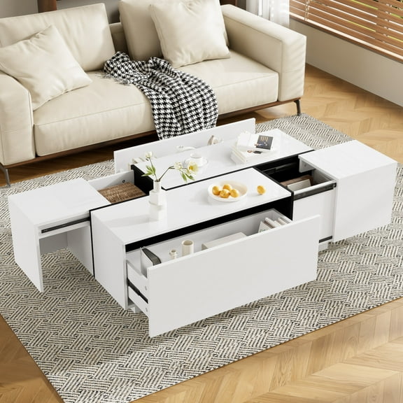 47.2" Extendable Coffee Table, Multi-Function Pull-out Hidden Spaces Coffee Table with 2 Large Hidden Storage Compartment, Smooth Mechanism, for Living Room, Home, Office, White