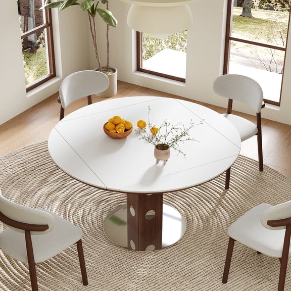 47.2" Extendable Round Dining Table for 4-6 People, Folding Kitchen Table with Drop Leaf, White Sintered Stone Top & Walnut Wood Column, Space-Saving for Small Apartments, Easy Assembly
