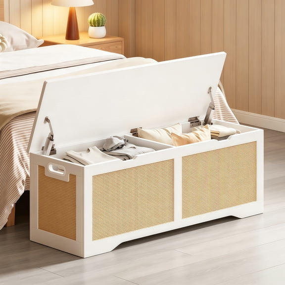 47.2" Extra Large Rattan Bench with 2 Safety Hinges & Flip-Top, End of Bed Lid Ottoman Trunk, Toy Box for Entryway, Living Room, Bedroom, Easy Assembly, White