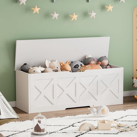 47.2" Extra-Large Wooden Storage Chest Farmhouse Toy Box, Entryway Bench, Bedroom Storage, Safety Hinge, Easy Assembly, White