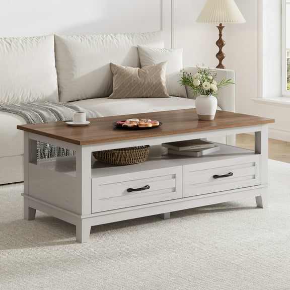47.2" Farmhouse Coffee Table, Rustic Wood Coffee Table with 2 Storage Drawers and Open Shelf, Easy Assembly Living Room Table for Office, Parlor, Reading Room
