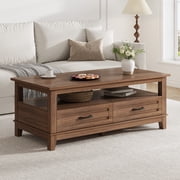 47.2 Farmhouse Coffee Table, Rustic Wood Coffee Table with 2 Storage Drawers and Open Shelf, Easy Assembly Living Room Table for Office, Parlor, Reading Room