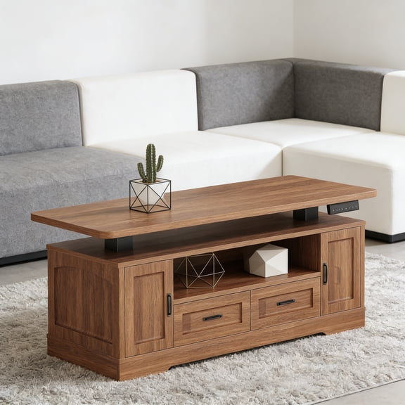47.2" Farmhouse Electric Standing Coffee Table with Storage, Lift Top Coffee Table with Drawers & Open Shelves, Height Adjustable Table with Power Outlet for Living Room, Brown