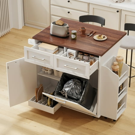 47.2" Farmhouse Kitchen Island with Drop Leaf, Kitchen Storage Island with Removable Side Racks, Two Drawers, Rolling Kitchen Cart on Wheels with Towel Rack, for Home, Kitchen, Dining Room, White