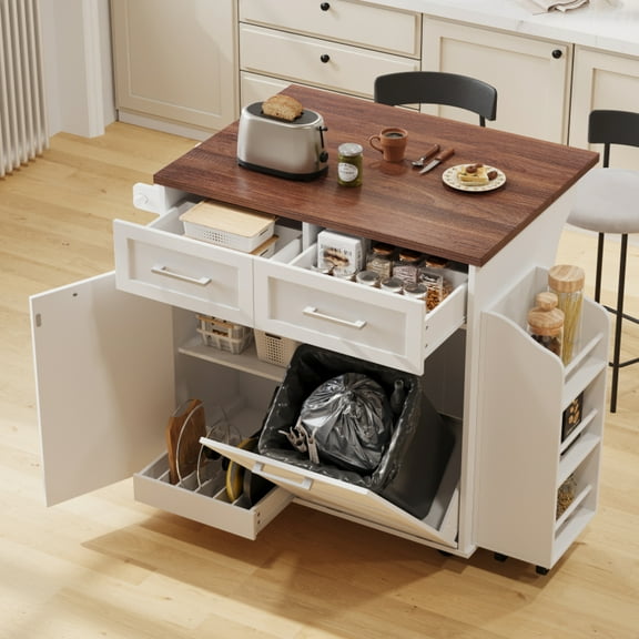 47.2" Farmhouse Kitchen Island with Drop Leaf, Kitchen Storage Island with Removable Side Racks, Two Drawers, Rolling Kitchen Cart on Wheels with Towel Rack, for Home, Kitchen, Dining Room, White