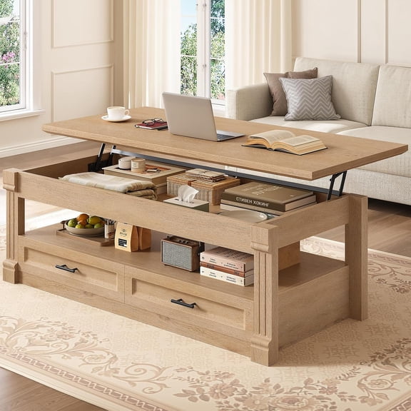 47.2" Farmhouse Lift Top Coffee Table with 2 Drawers, Wood Center Table with Hidden Compartment & Hydraulic Lifting Mechanism, Multi-Functional Storage Tea Table for Living Room, Brown